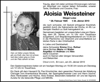 Traueranzeige von Aloisia Weissteiner von Dolomiten