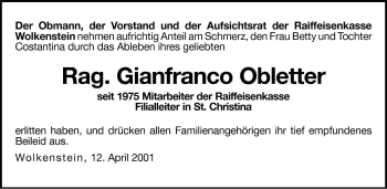 Traueranzeige von Gianfranco Obletter von Dolomiten