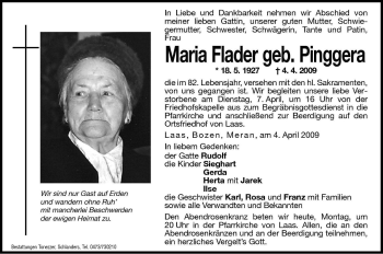 Traueranzeige von Maria Flader von Dolomiten