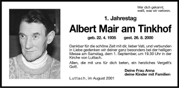 Traueranzeige von Albert Mair am Tinkhof von Dolomiten