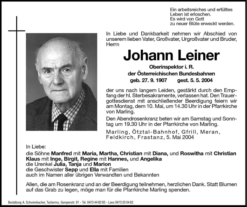  Traueranzeige für Johann Leiner vom 07.05.2004 aus Dolomiten