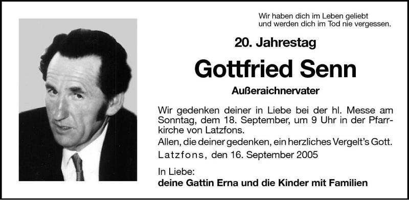  Traueranzeige für Gottfried Senn vom 16.09.2005 aus Dolomiten