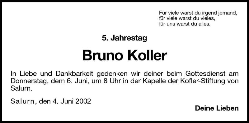  Traueranzeige für Bruno Koller vom 04.06.2002 aus Dolomiten