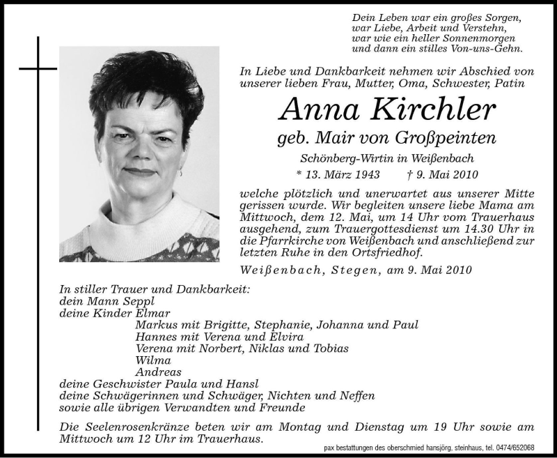  Traueranzeige für Anna Kirchler vom 10.05.2010 aus Dolomiten
