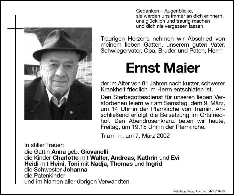  Traueranzeige für Ernst Maier vom 08.03.2002 aus Dolomiten