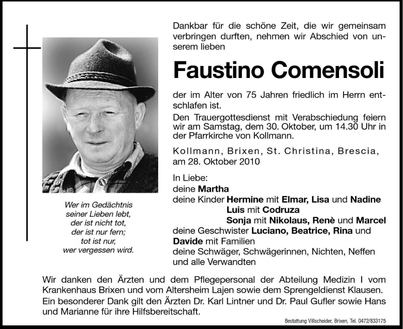  Traueranzeige für Faustino Comensoli vom 30.10.2010 aus Dolomiten