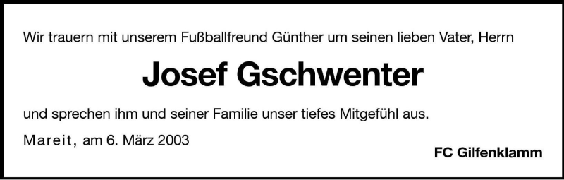  Traueranzeige für Josef Gschwenter vom 06.03.2003 aus Dolomiten
