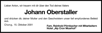 Traueranzeige von Johann Oberstaller von Dolomiten