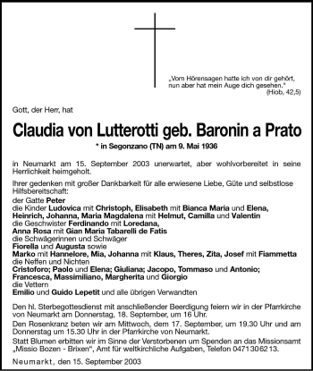 Traueranzeige von Claudia von Lutterotti von Dolomiten