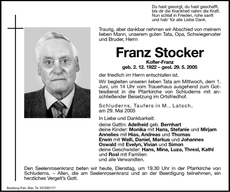 Traueranzeige für Franz Stocker vom 31.05.2005 aus Dolomiten