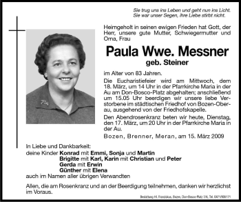 Traueranzeige von Paula Messner von Dolomiten