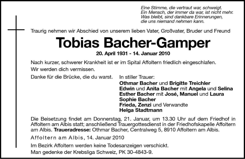  Traueranzeige für Tobias Bacher-Gamper vom 20.01.2010 aus Dolomiten