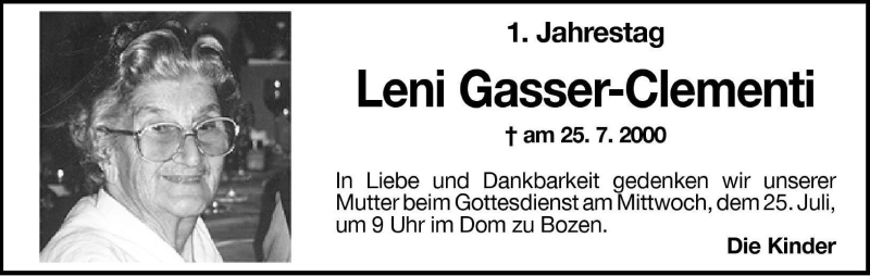  Traueranzeige für Leni Gasser-Clementi vom 24.07.2001 aus Dolomiten