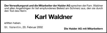Traueranzeige von Karl Waldner von Dolomiten