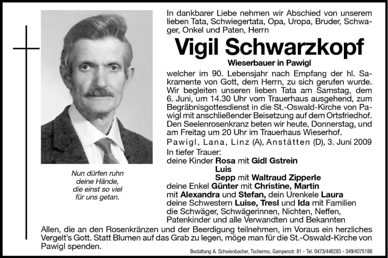  Traueranzeige für Vigil Schwarzkopf vom 04.06.2009 aus Dolomiten