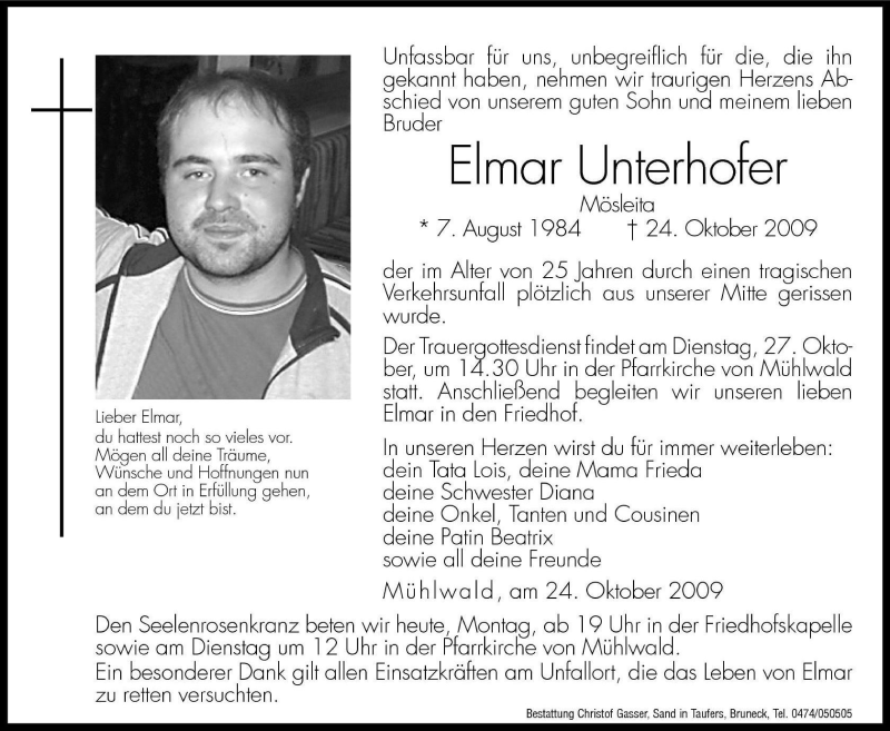  Traueranzeige für Elmar Unterhofer vom 26.10.2009 aus Dolomiten