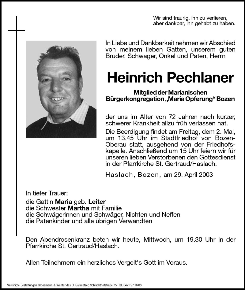  Traueranzeige für Heinrich Pechlaner vom 30.04.2003 aus Dolomiten