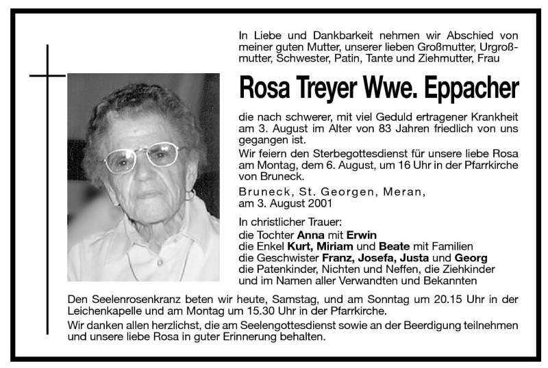  Traueranzeige für Rosa Treyer vom 04.08.2001 aus Dolomiten