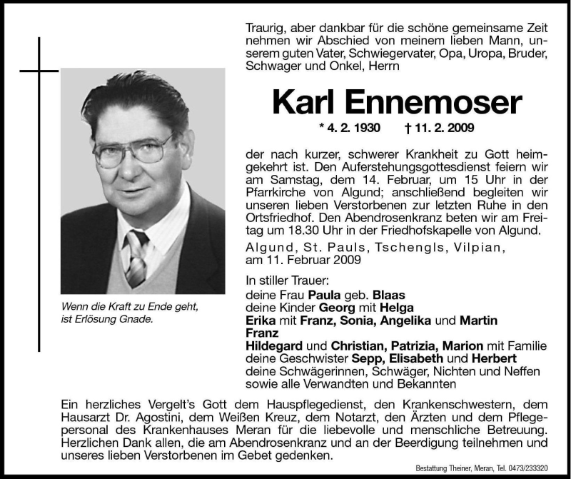  Traueranzeige für Karl Ennemoser vom 13.02.2009 aus Dolomiten