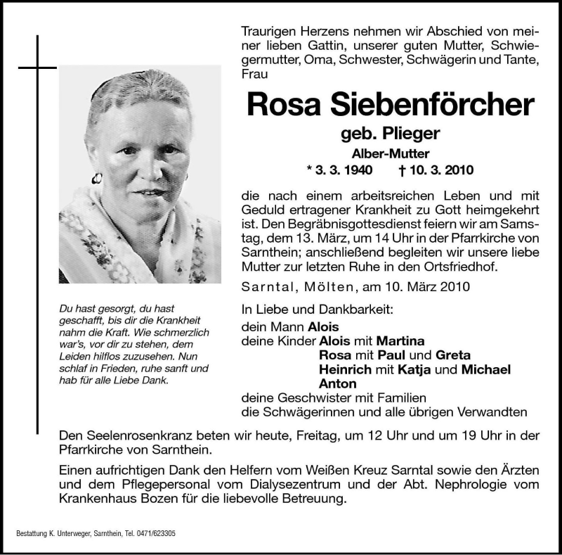  Traueranzeige für Rosa Siebenförcher vom 12.03.2010 aus Dolomiten