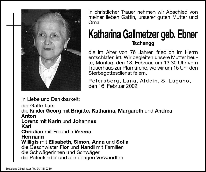 Traueranzeigen von Katharina Gallmetzer | Trauer.bz