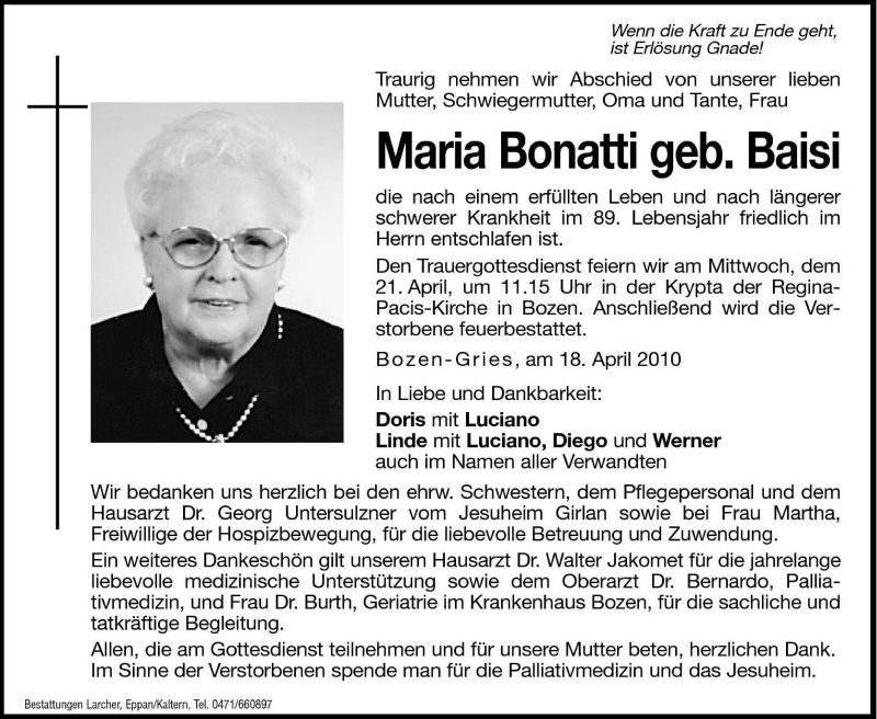  Traueranzeige für Maria Bonatti vom 20.04.2010 aus Dolomiten