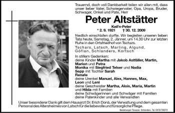 Traueranzeige von Peter Altstätter von Dolomiten