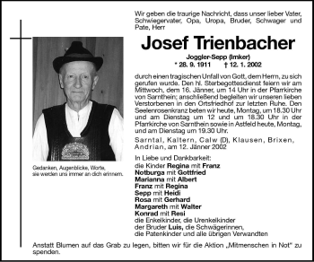 Traueranzeige von Josef Trienbacher von Dolomiten