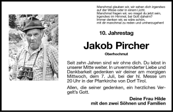 Traueranzeige von Jakob Pircher von Dolomiten