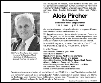 Traueranzeige von Alois Pircher von Dolomiten