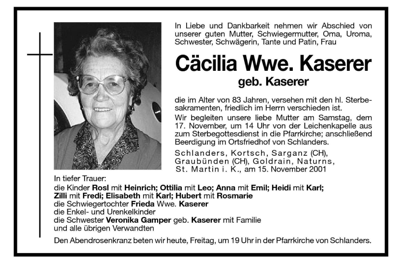  Traueranzeige für Cäcilia Kaserer vom 16.11.2001 aus Dolomiten