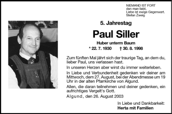 Traueranzeige von Paul Siller von Dolomiten