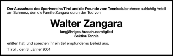 Traueranzeige von Walter Zangara von Dolomiten