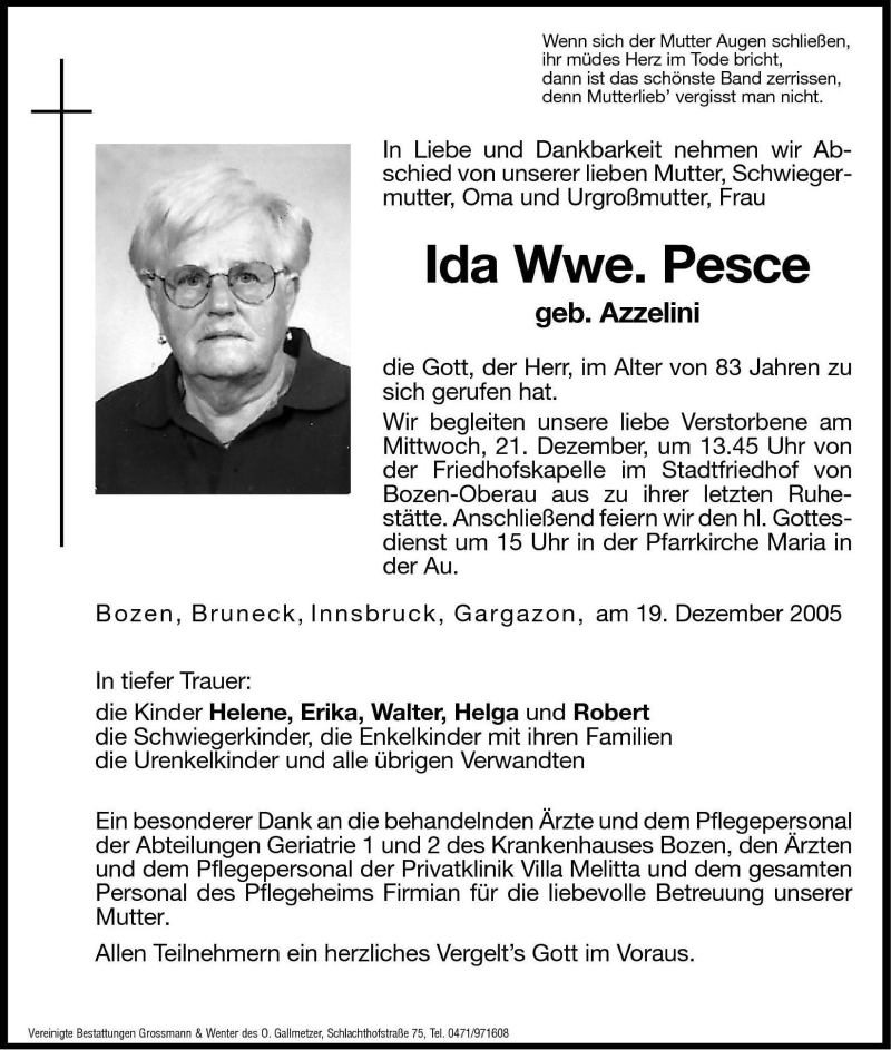  Traueranzeige für Ida Pesce vom 20.12.2005 aus Dolomiten
