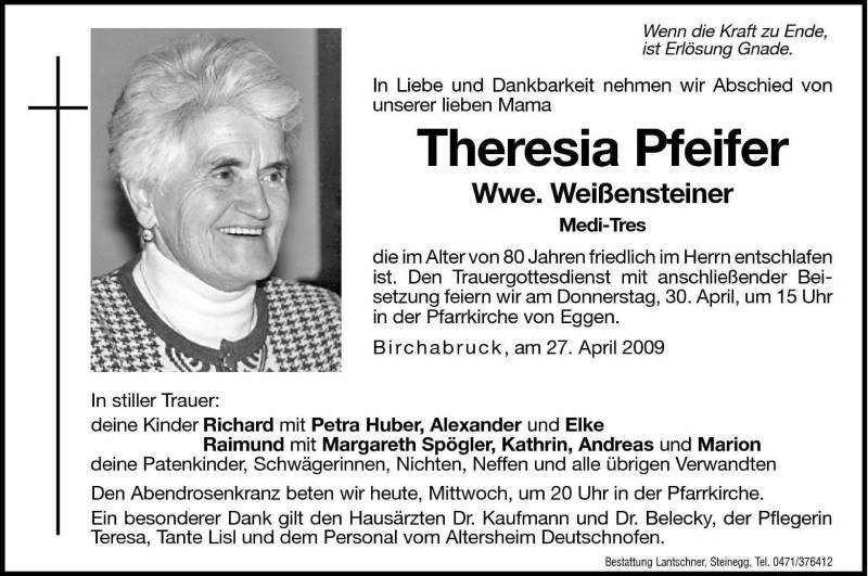  Traueranzeige für Theresia Weißensteiner vom 29.04.2009 aus Dolomiten