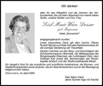 Traueranzeige von Lisl Mair von Dolomiten