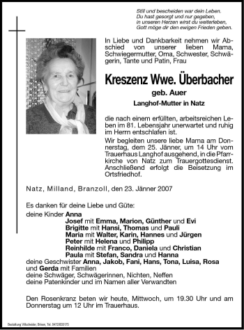 Traueranzeige von Kreszenz Überbacher von Dolomiten