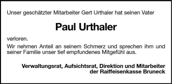 Traueranzeige von Paul Urthaler von Dolomiten