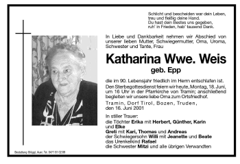 Traueranzeige von Katharina Weis von Dolomiten