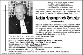 Traueranzeige von Aloisia Haspinger von Dolomiten