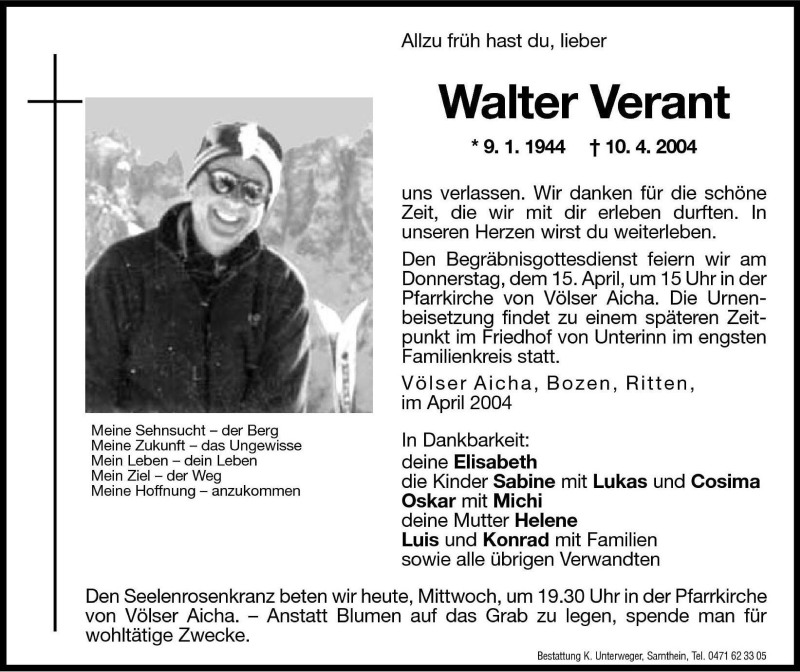  Traueranzeige für Walter Verant vom 14.04.2004 aus Dolomiten