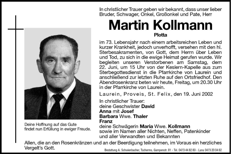  Traueranzeige für Martin Kollmann vom 21.06.2002 aus Dolomiten