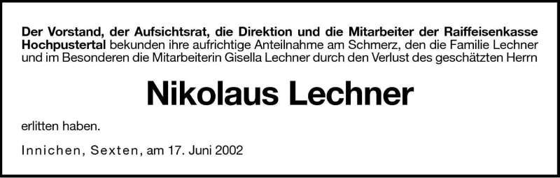  Traueranzeige für Nikolaus Lechner vom 18.06.2002 aus Dolomiten