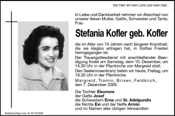 Traueranzeige von Stefania Kofler von Dolomiten