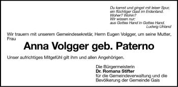 Traueranzeige von Anna Volgger von Dolomiten