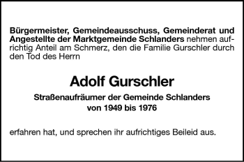 Traueranzeige von Adolf Gurschler von Dolomiten