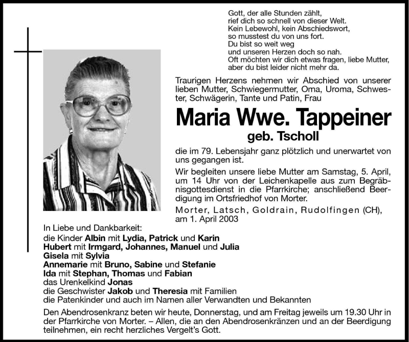  Traueranzeige für Maria Tappeiner vom 03.04.2003 aus Dolomiten