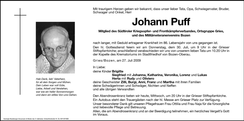  Traueranzeige für Johann Puff vom 29.07.2009 aus Dolomiten