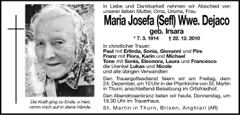 Traueranzeige von Maria Dejaco von Dolomiten