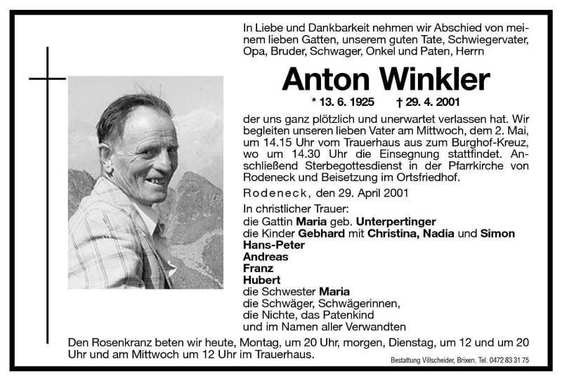  Traueranzeige für Anton Winkler vom 30.04.2001 aus Dolomiten